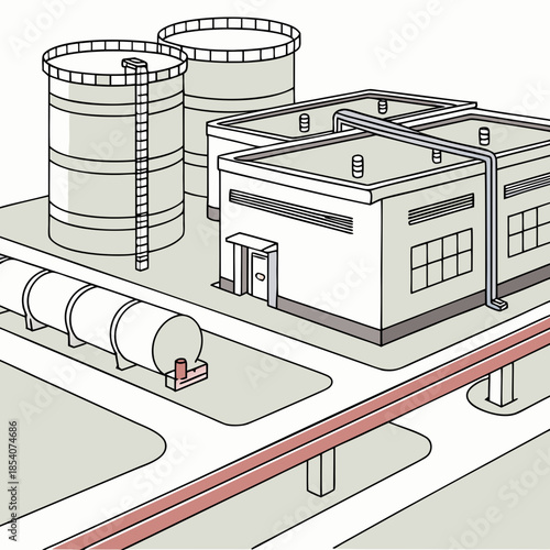 Industrial complex with storage tanks and pipelines