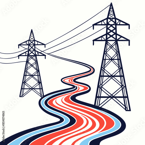 Electric stream flowing between metal towers power lines