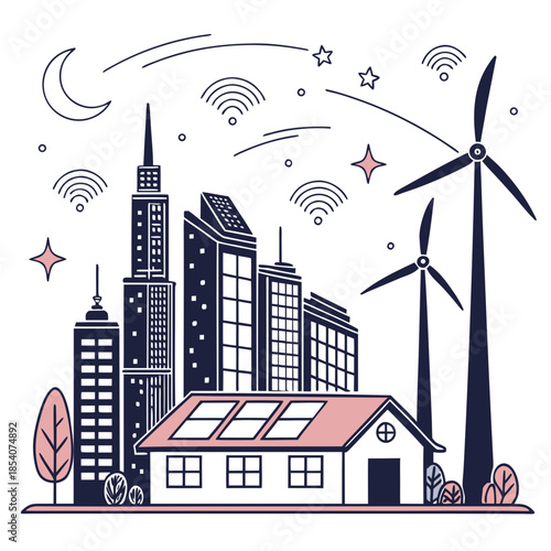 Smart cityscape with wind turbines and solar panels at night