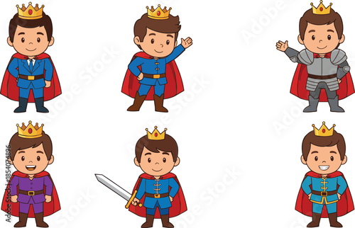 Cartoon prince characters set featuring young kings with crowns red capes knight armor and swords isolated on white background.