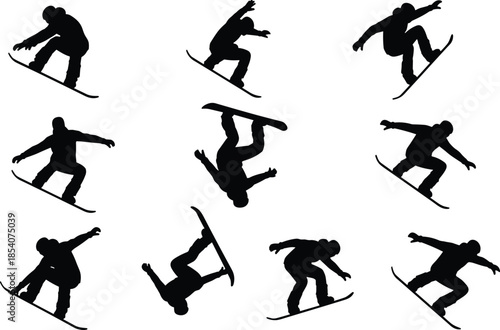 Snowboarder silhouettes set, winter extreme sport action jumps tricks aerial flips, snowboarding athlete motion, vector illustration isolated white background design