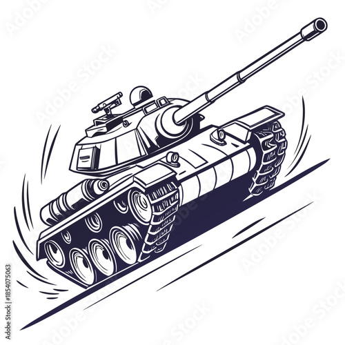 Navy blue tank with long barrel speeding on white background