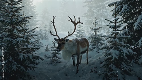 Majestic stag with towering antlers standing in a snow-covered pine forest under a misty winter light