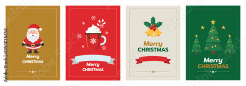 Set of four modern flat-design Christmas cards featuring Santa, hot cocoa, bells, and trees. Perfect for holiday greetings, posters, and invitations with vibrant festive colors.