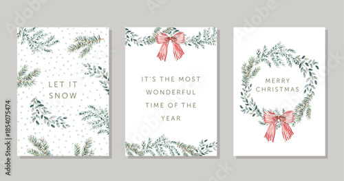 Christmas greeting cards template, text, white background. Green fir twigs, red bow, wreath, garland, snow. Vector xmas illustration collection. Winter forest nature decor