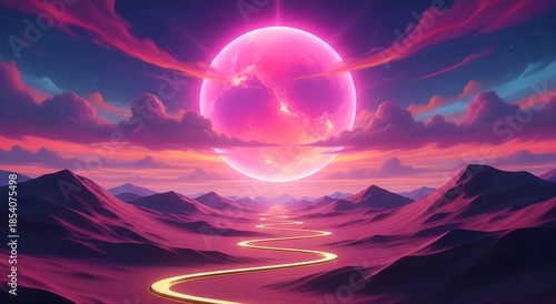 Retro Synthwave Landscape with Glowing Pink Sun and Winding Path through Purple Mountains