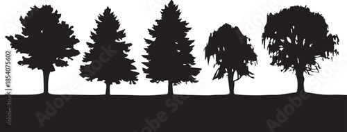 PSilhouettes of five trees on a plainrint