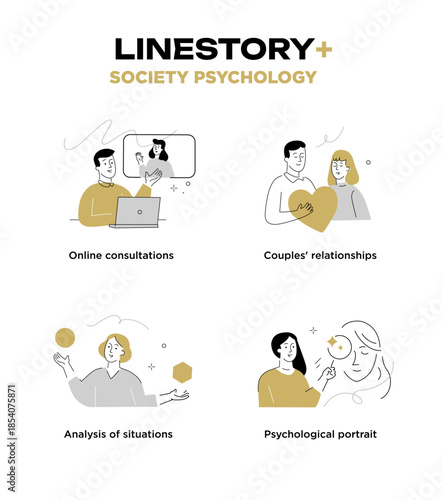 Collection of illustrations: people conducting a master class. Psychology, problems, relationships, family. linear illustration Icons infographics. Landing page site print poster. Line story
