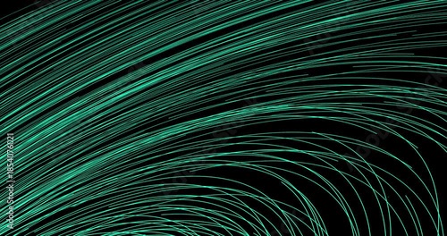 An abstract stream of luminous tracks weaves a mesmerizing pattern, filling the space with dynamics. The energy of moving particles creates the feeling of space travel.
