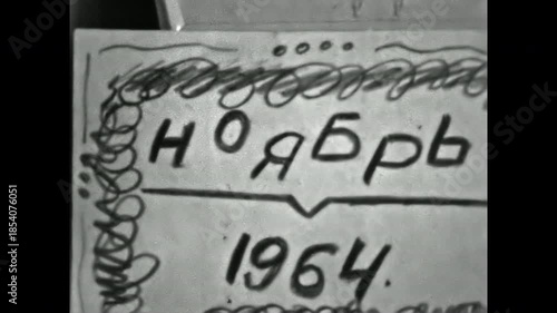 Close up, handwritten date November 1964 in Cyrillic alphabet on home movie film leader. Damaged, grainy, flickering black and white archival footage. Old film. Archival retro 1960s. Vintage archive