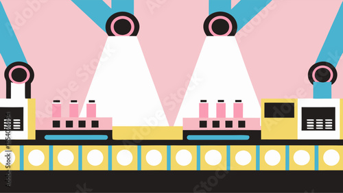 Automated factory line with robotic arms and digital control panels