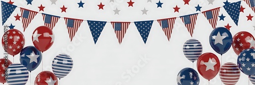 Patriotic balloons and bunting flags on white background for 4th july celebration