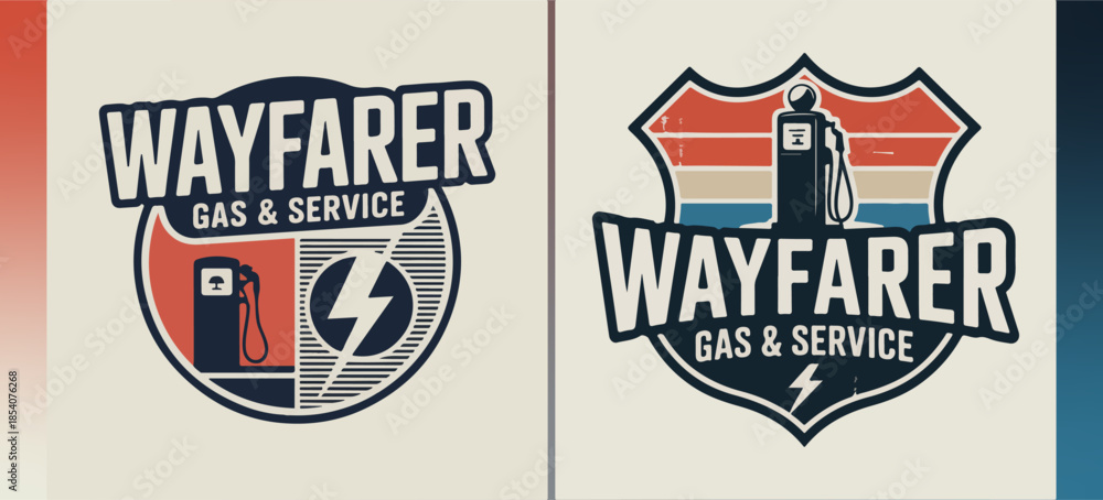 Obraz premium Wayfarer Gas & Service retro station logos with vintage pump, shield and lightning bolt; roadside garage branding vector marks