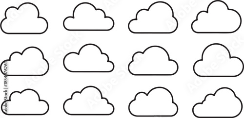 Minimal Cloud Outline Icon Set – Hand-Drawn Weather Doodle Pattern in Black and White