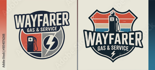 Wayfarer Gas & Service retro station logos with vintage pump, shield and lightning bolt; roadside garage branding vector marks