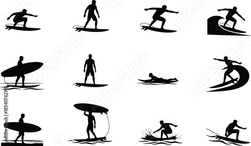 Surfing silhouettes set, surfers riding waves paddling carrying boards, ocean sport action, summer beach lifestyle, vector illustration isolated background