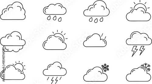 Comprehensive Weather Icon Set Featuring Clouds, Rain, Thunderstorms, Sun, Wind, and Snow in Clean Line Style