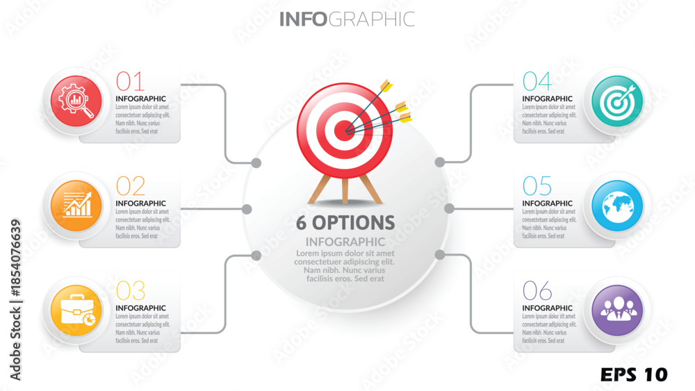 Fototapeta premium 6 Options Business Infographic Template. Modern Process Flow Chart with Central Target Bullseye and 6 Numbered Steps. Professional Strategy Layout with Icons. Vector Illustration