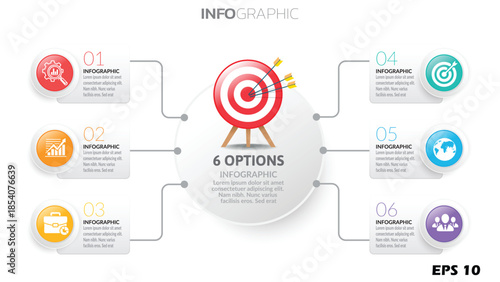 6 Options Business Infographic Template. Modern Process Flow Chart with Central Target Bullseye and 6 Numbered Steps. Professional Strategy Layout with Icons. Vector Illustration