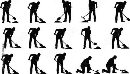 Construction worker silhouettes set, man digging shoveling ground, manual labor activities, earthwork tools, building site jobs, vector illustration isolated background
