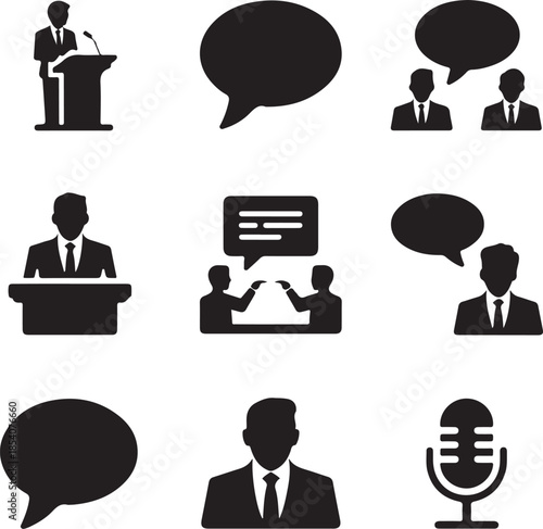Business interview, conference speech, communication dialogue, public speaker, meeting discussion, debate conversation, microphone voice, lecturer icon