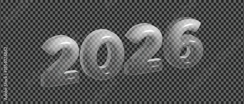 Inflatable clear transparent 2026 number design element with balloon glossy texture isolated on checkered background