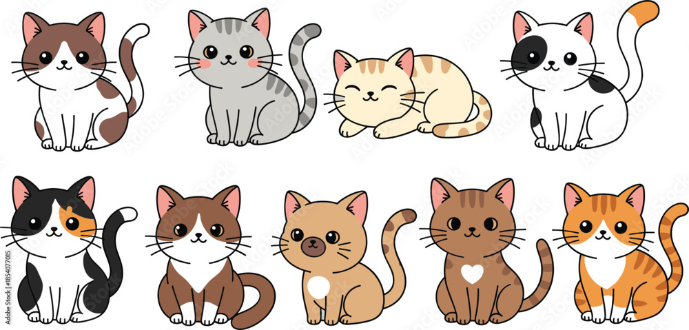 Fototapeta premium Cute cartoon cat vector illustration set with different breeds, colors and sitting poses in kawaii style