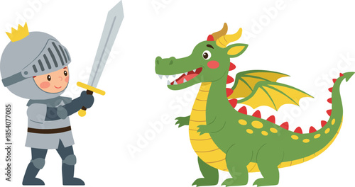 Cute cartoon knight character in silver armor with sword fighting a green dragon isolated on white background.