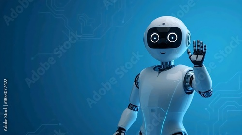 Friendly AI Robot Character Waving Hand for Customer Support and Virtual Assistant Concept