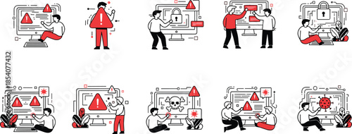 Cybersecurity Warning Illustration Set Featuring IT Professionals Managing Computer System Alerts Data Breach Risks Network Security and Virus Threat Protection
