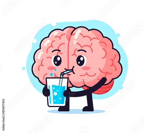 Brain character drinking water from glass. Cute cartoon brain promoting hydration and healthy mind. Concept of smart health and intelligent well-being illustration