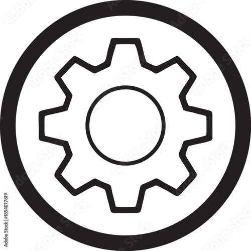 A simple black and white illustration of a gear within a circular frame