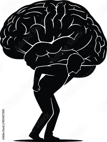 Conceptual Silhouette of a Man Carrying a Giant Brain on His Back, Symbolizing Overthinking, Mental Burden, Heavy Thoughts, and Intellectual Stress.