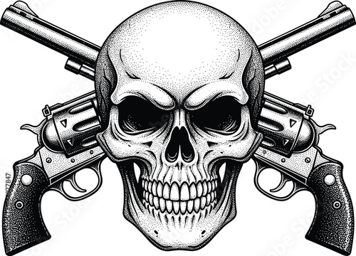Anatomical human skull with crossed revolvers stipple art cad drawing flat vector illustration for outlaw biker tattoo or western design