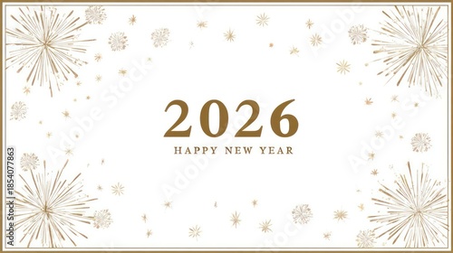Elegant golden fireworks and snowflakes frame the year 2026 with happy new year greeting