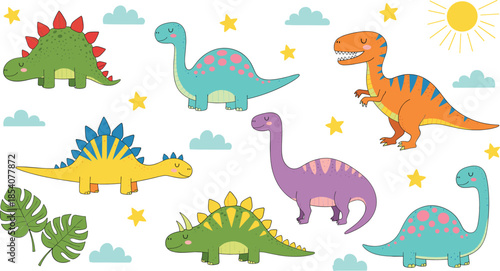 Cute dinosaur vector illustration set with colorful prehistoric animals, stars and clouds in playful cartoon style