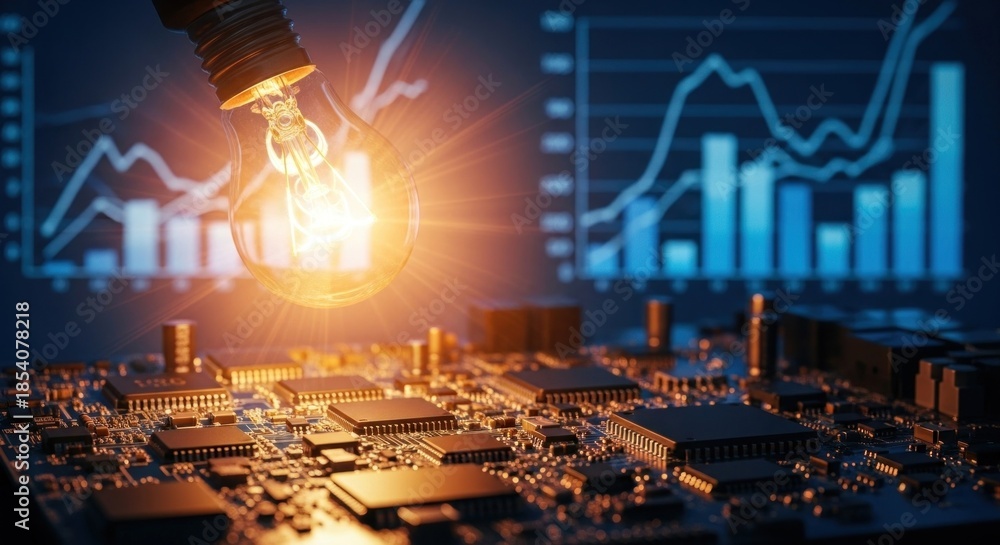 Fototapeta premium A light bulb emitting light over a computer circuit board with a glowing blue and white graph in the background.