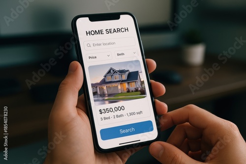 Person browsing home listings on a smartphone app, exploring real estate options and property details. Concept of digital search, housing market, and online listings.