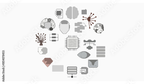 Flat artificial intelligence icons collection with colorful AI and machine learning symbols isolated on white