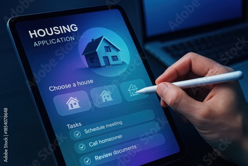 User selecting housing options on a digital tablet interface for real estate application. Concept of modern technology, home buying, and digital solutions in property management.