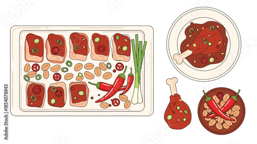 Gourmet Meal Preparation Culinary Ingredients and Spiced Dishes Overhead View