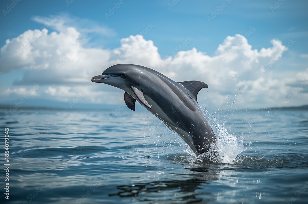 Obraz premium Dolphin leaping out of the ocean with sleek gray skin and prominent dorsal fin in a sunny day
