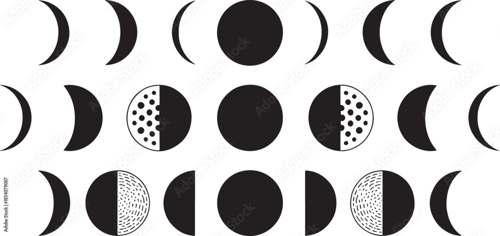 Fototapeta premium Moon Phases Vector Art – Minimalist Black and White Design – Lunar Icon Set – Digital Download for Posters, Wall Art, and Crafts
