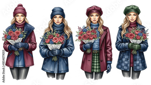 Watercolor Fashion Illustration Set of Women in Winter Coats Holding Floral Bouquets on White Background