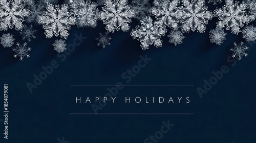 Elegant dark blue background with a decorative border of sparkling white snowflakes and the text happy holidays