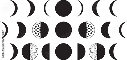 Moon Phases Vector Art – Minimalist Black and White Design – Lunar Icon Set – Digital Download for Posters, Wall Art, and Crafts