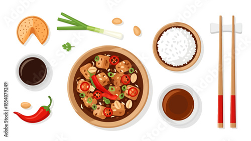 Asian Cuisine Ingredients and Meal Preparation Elements Top View