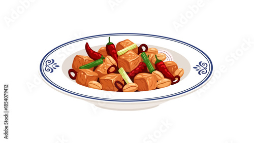 Spicy Tofu Dish with Chili Peppers and Peanuts in a Decorative Bowl