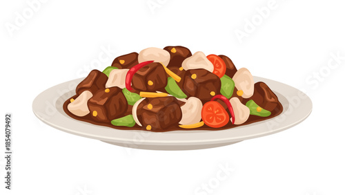 Gourmet Meat and Vegetable Dish on White Plate
