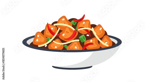 Spicy Tofu Dish with Peppers and Herbs on a Plate